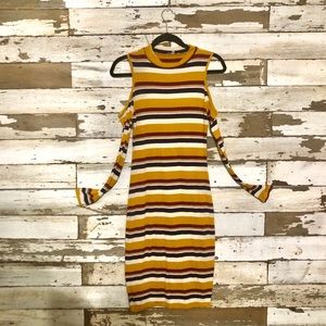 Striped Body Con Cold Shoulder Dress